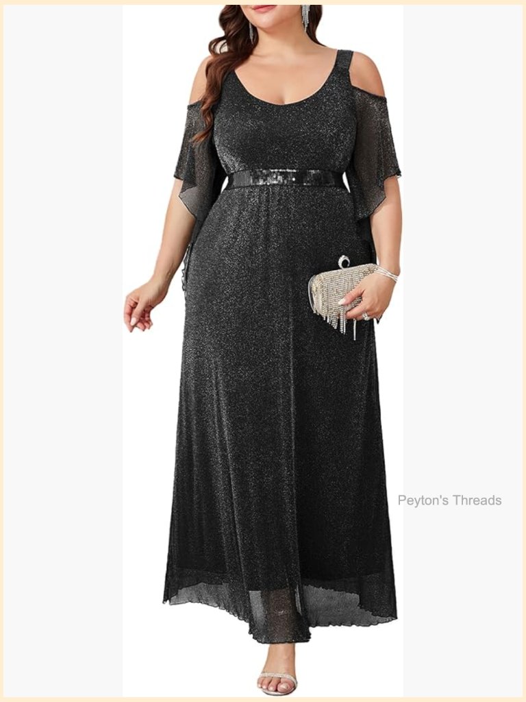 Plus Size Sparkly Sequin Cold Shoulder A-Line Maxi Formal Dress